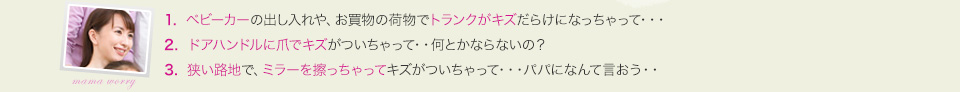 1.  ベビーカーの出し入れや、お買物の荷物でトランクがキズだらけになっちゃって・・・。2.  ドアハンドルに爪でキズがついちゃって・・何とかならないの？3.  狭い路地で、ミラーを擦っちゃってキズがついちゃって・・・パパになんて言おう・・